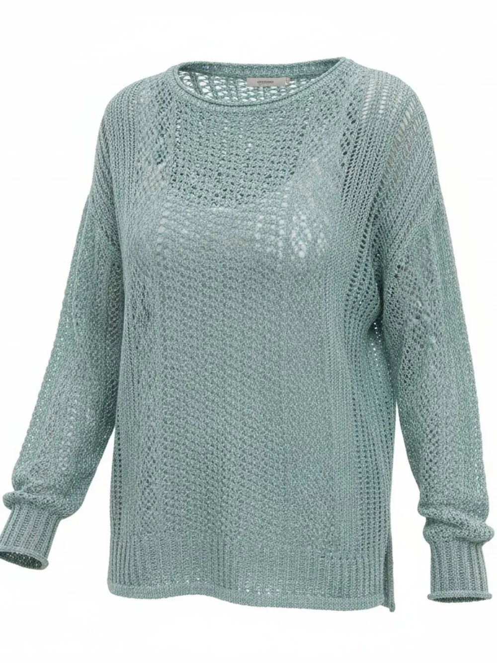 Chico's Light Teal Crochet Knit Sweater | Size 0 (Medium) | Cotton Blend | Boho
